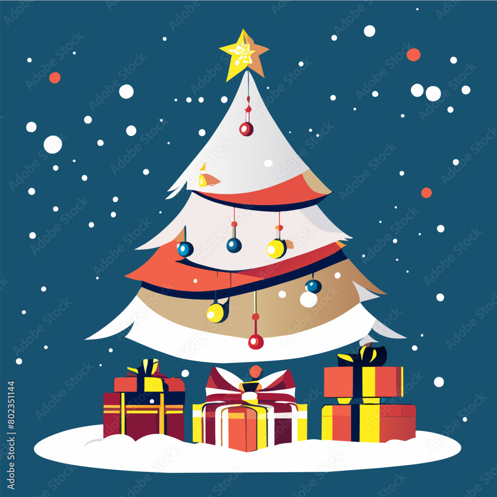 christmas tree snow with presents, vector illustration flat 2