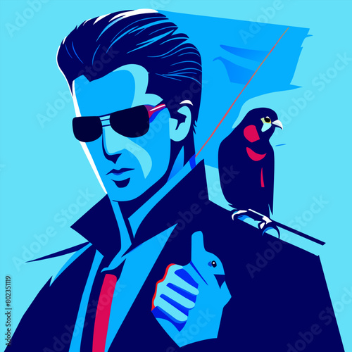 neo from the matrix with a blue indian ringneck bird on his shoulder, vector illustration flat 2 photo