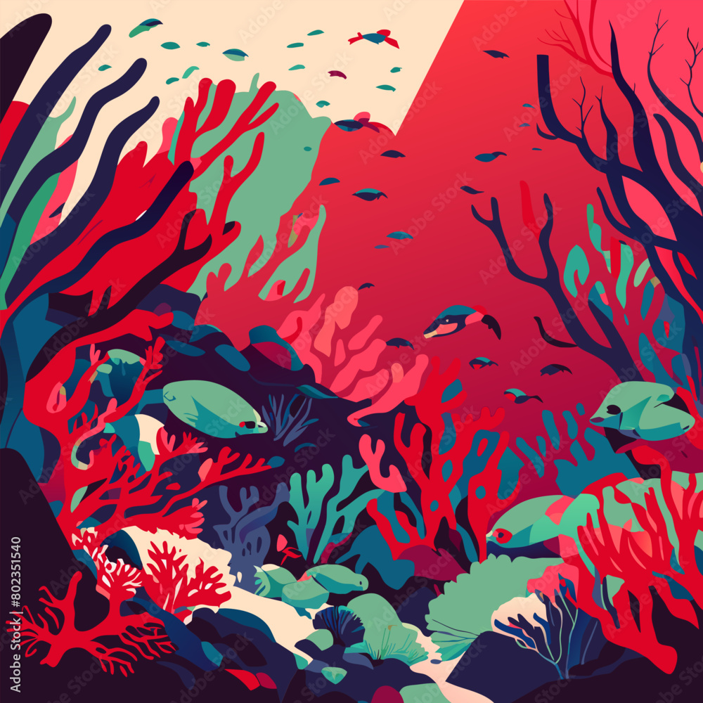 colorful coral reef deep sea, vector illustration flat 2