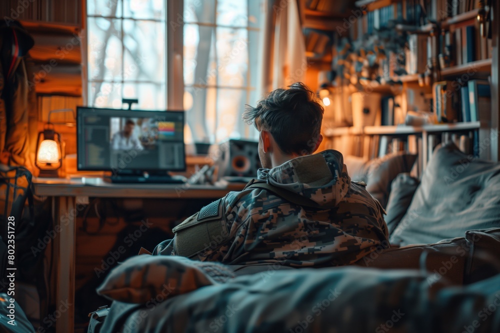 Young military man with PTSD in online consultation with psychiatrist. Soldier with mental disorder on sofa front computer communicates with psychologist, rear view. Concept online psychotherapy Young military man with PTSD in online consultation with psychiatrist. Soldier with mental disorder on sofa front computer communicates with psychologist, rear view. Concept online psychotherapy
