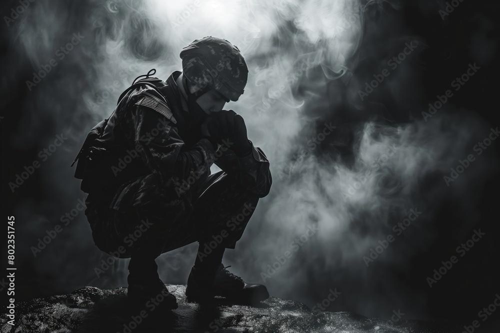Soldier in military uniform squats sad, experiencing psychological problems on black and white background with smoke. Concept psychological trauma in war