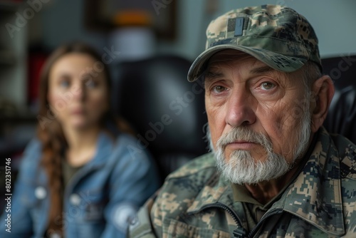 Middle aged military man with gray beard, suffering from PTSD, in psychological therapy with female psychologist. Soldier recalls traumatic events. Concept of PTSD in military