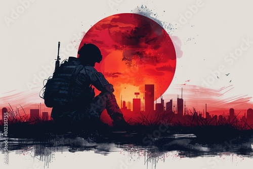 Young soldier in military uniform sits sad against backdrop houses at sunset. Military man received post traumatic stress disorder PTSD. Concept PTSD in soldiers photo