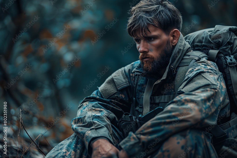 Young soldier with beard shocked by the horrors of war. Military man with PTSD sits in military uniform with backpack and worries about traumatic events. Concept of military personnel with PTSD