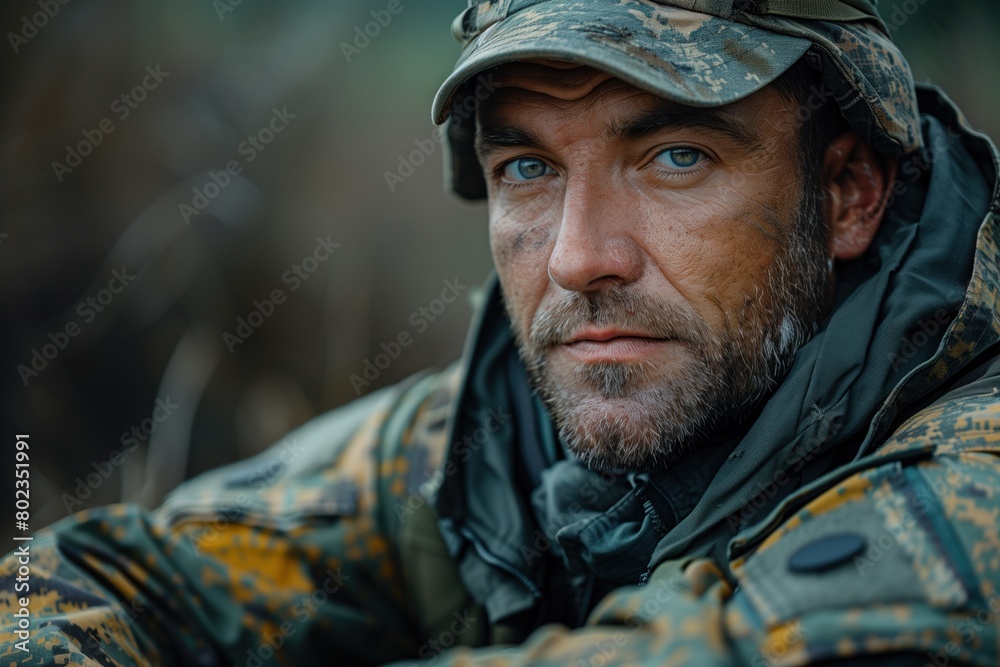 Soldier in military uniform, 45s caucasian military, with gray short beard, looks confidently. Army concept