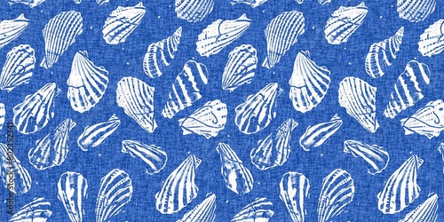 Azure blue white shell motif with linen seamless batik border background. Modern coastal beach cottage rustic shell block print home decor pattern design in sealife beach banner style. 