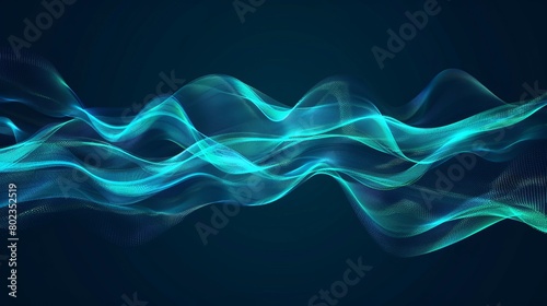 Abstract green blue wave light effect in perspective vector illustration. Magic luminous azure glow design element on dark background, flash luminosity, abstract neon motion glowing wavy lines photo
