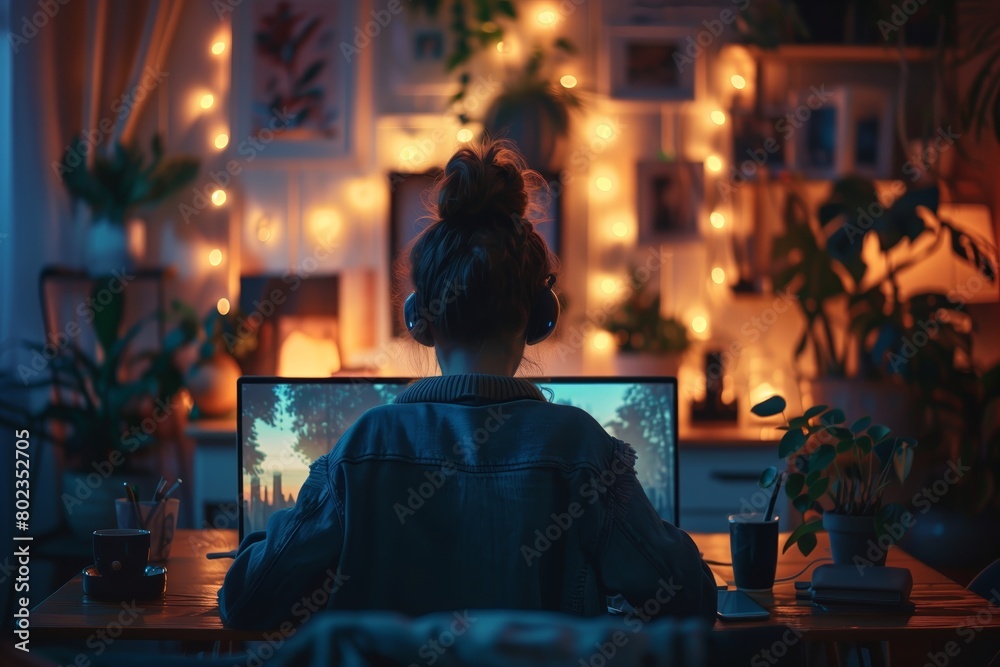 Fototapeta premium Focused work hours on a desktop at night