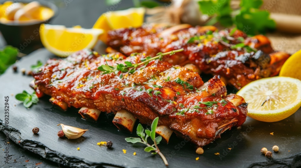 The cuisine of Bolivia. Chicarron pork ribs, with oregano, lemon and garlic. The cuisine of Bolivia. Chicarron pork ribs, with oregano, lemon and garlic.