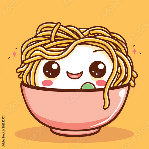 Cute kawaii bowl of noodles with a smiling face on orange background.