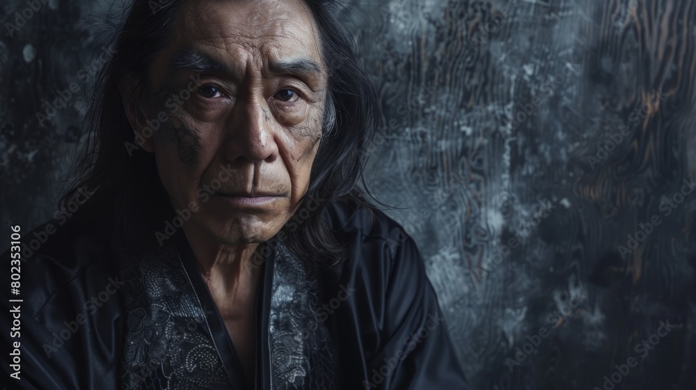 Old Chinese Man with Brown Straight Hair Goth style Illustration. Old Chinese Man with Brown Straight Hair Goth style Illustration.