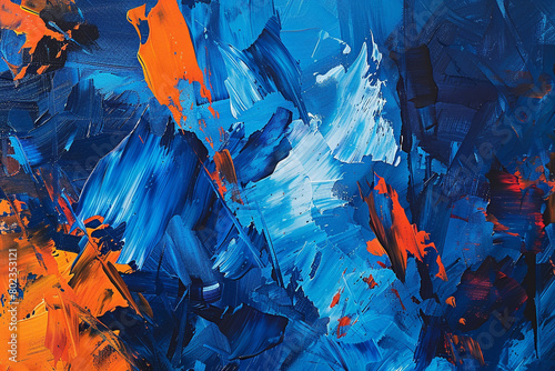 A bold background with an abstract expressionist painting in deep blues and vibrant oranges, capturing emotion and movement.