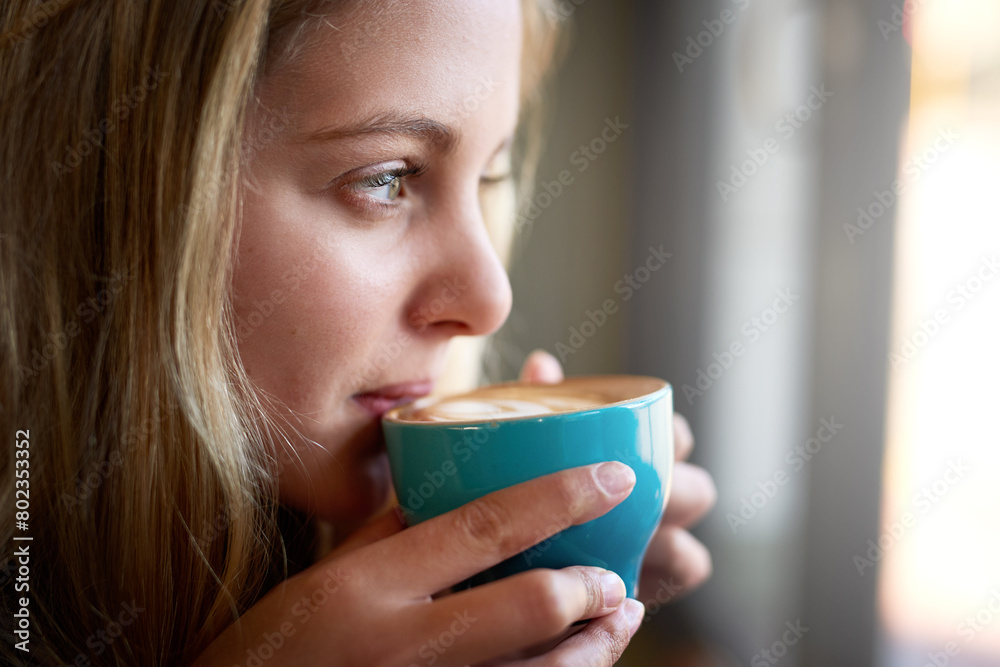 Woman, drink and thinking with coffee in home to relax with warm beverage in morning for thoughts and peace. Girl, calm and wondering with cup of cappuccino to chill or unwind and soothing in Canada. Woman, drink and thinking with coffee in home to relax with warm beverage in morning for thoughts and peace. Girl, calm and wondering with cup of cappuccino to chill or unwind and soothing in Canada.