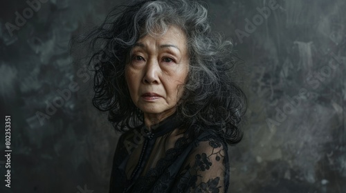 Old Chinese Woman with Brown Curly Hair Goth style Illustration.