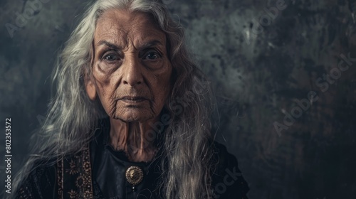 Old Indian Woman with Blond Straight Hair Goth style Illustration.