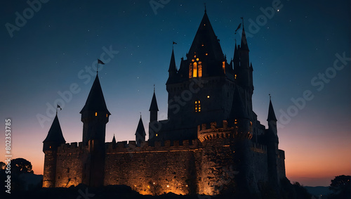 Mysterious silhouette of a towering dark castle against a twilight sky. © xKas