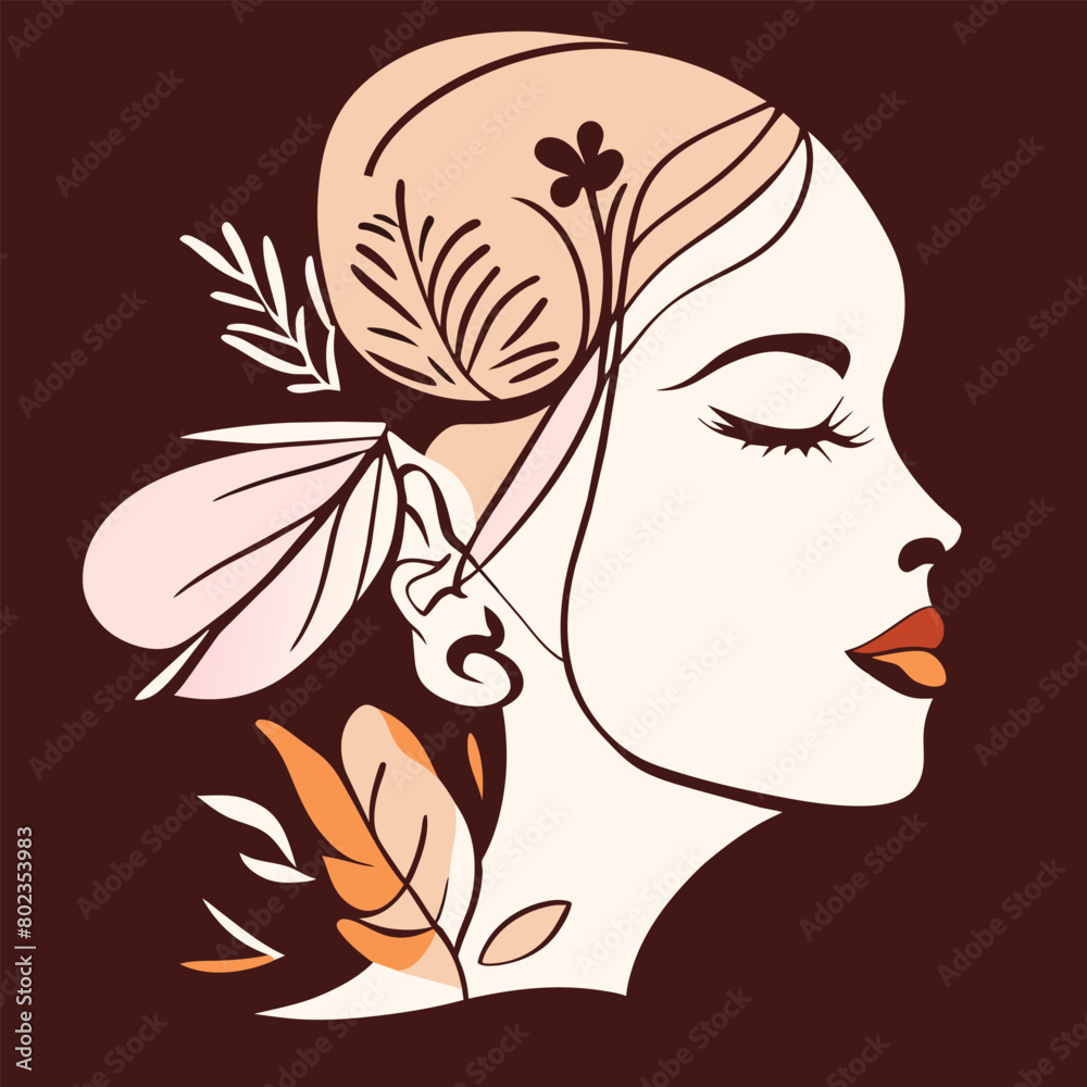 women face in one line art style with flowers and leaves continuous line art in elegant style, 4910
