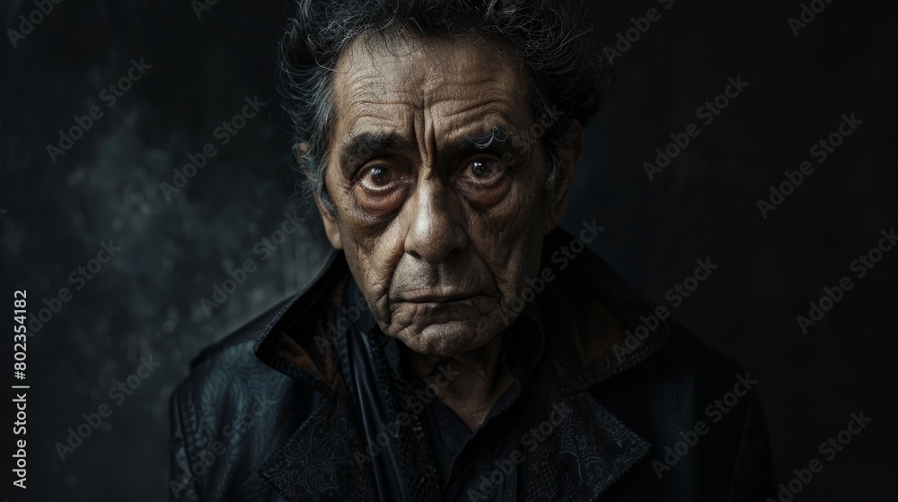 Old Latino Man with Brown Curly Hair Goth style Illustration.