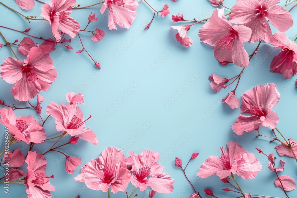 pink hibiscus flowers on a light blue background with copy space in the center. mockup, valentines day, mothers Day, women's Day concept, flat lay, top view, copy space