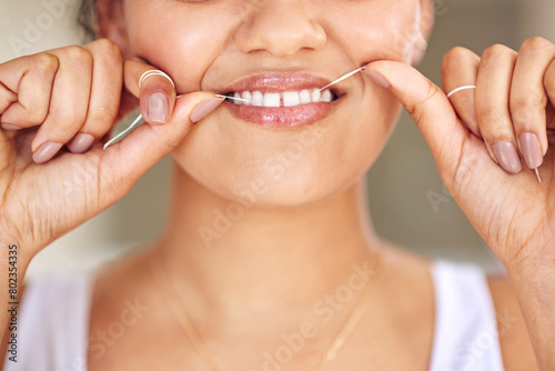 Happy  dental floss and mouth of woman with cleaning teeth for morning routine with health. Smile  dentistry and closeup of person with oral care product for hygiene treatment to prevent cavity.