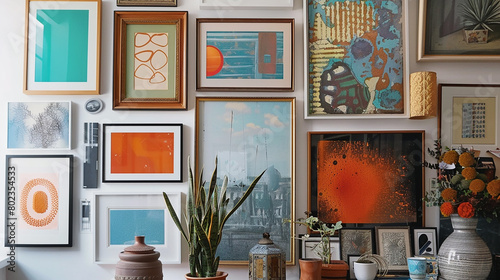 A gallery wall adorned with eclectic frames showcasing abstract artwork. photo