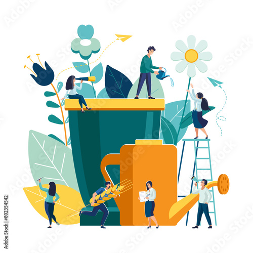 Vector illustration, watering can and flowers on a white background. Gardeners who take care of the garden, grow flowers and study plants in nature, clean ecology, garden tools.People, teamwork, green