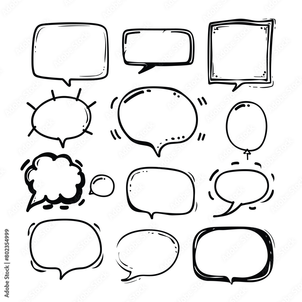 Collection of hand-drawn speech bubbles in various shapes and sizes on a white background. Collection of hand-drawn speech bubbles in various shapes and sizes on a white background.