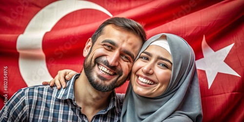 On August 30, Victory Day in Turkey, Zafer Bayram, large portrait of beautiful Turkish couple, smiling man and woman on background of Turkish flag. Concept - public holiday, patriotism, family values photo