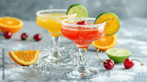 Lime margarita  orange margarita and cherry margarita cocktail mix in salt rimmed glasses garnished with slices of lime  orange and cherries. Selective focus on the lime slice