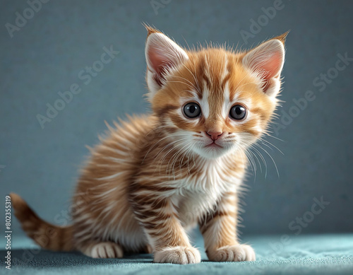 little kitten orange tabby on a counter, posing for a portrait, cutie