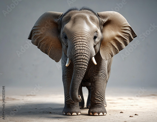 Cute little baby elephant on a plain gray background, tiny tusks growing from a baby elephant
