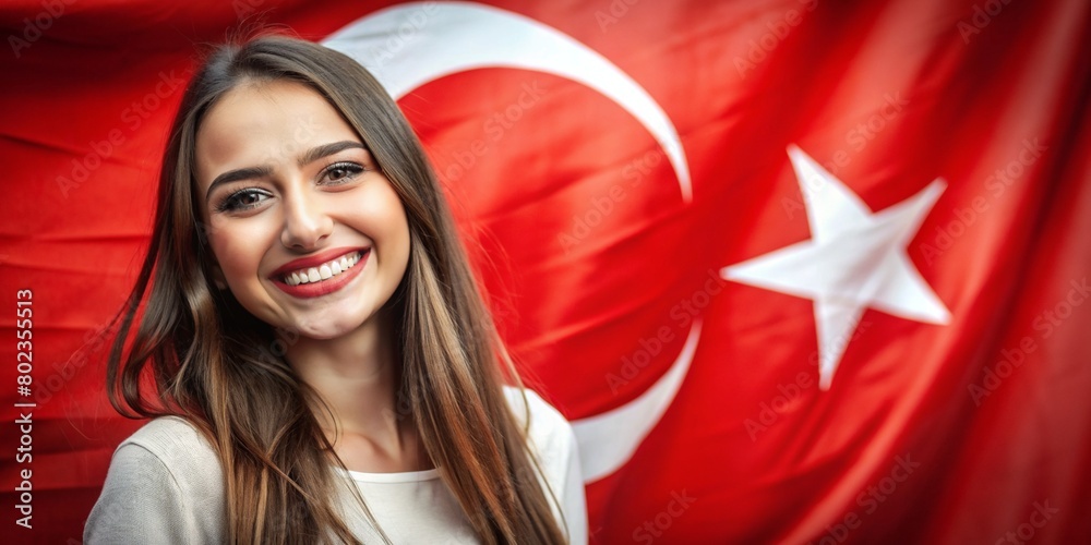 Naklejka premium On August 30, Victory Day in Turkey, Zafer Bayrami, a large portrait of a beautiful Turkish young smiling happy woman on the background of the Turkish flag. The concept is a public holiday, a vacation