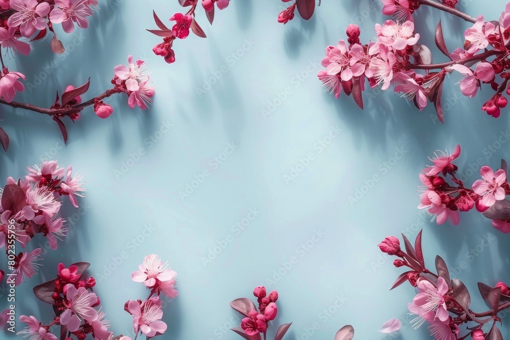pink cherry blossoms on a light blue background with copy space in the center. mockup, valentines day, mothers Day, women's Day concept, flat lay, top view, copy space