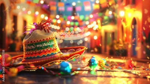 Mexican fiesta background with a hat "sombrero" and "maracas" in a mexican town