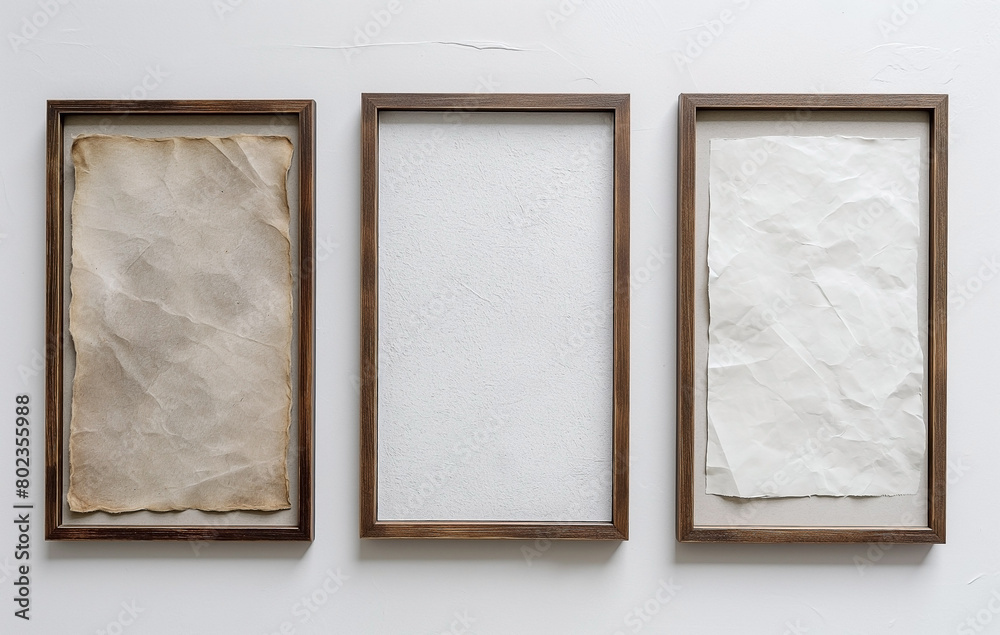 3d Realistic three picture frames in wooden on white background, space for text, front view mockup 3d Realistic three picture frames in wooden on white background, space for text, front view mockup