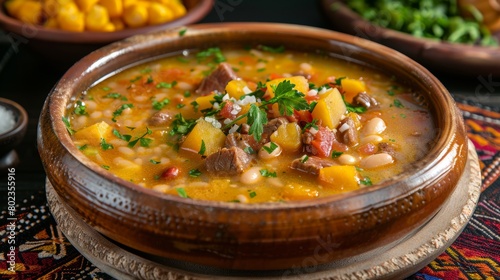 The cuisine of Bolivia. Lacusa is a thick Bolivian soup (Locro).