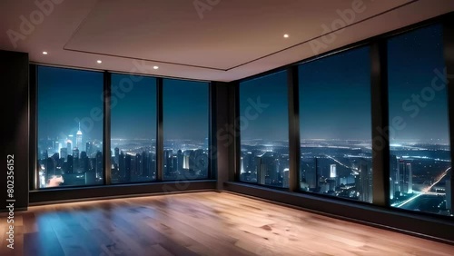 Empty room in a skyscraper with a view of the night city. Expensive property with a beautiful view.