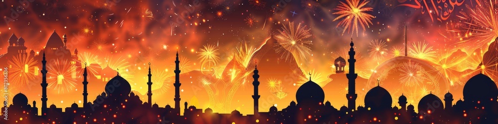 city skyline with minarets and domes outlined against a sky filled with fireworks , symbolizing the celebration of the Islamic New Year