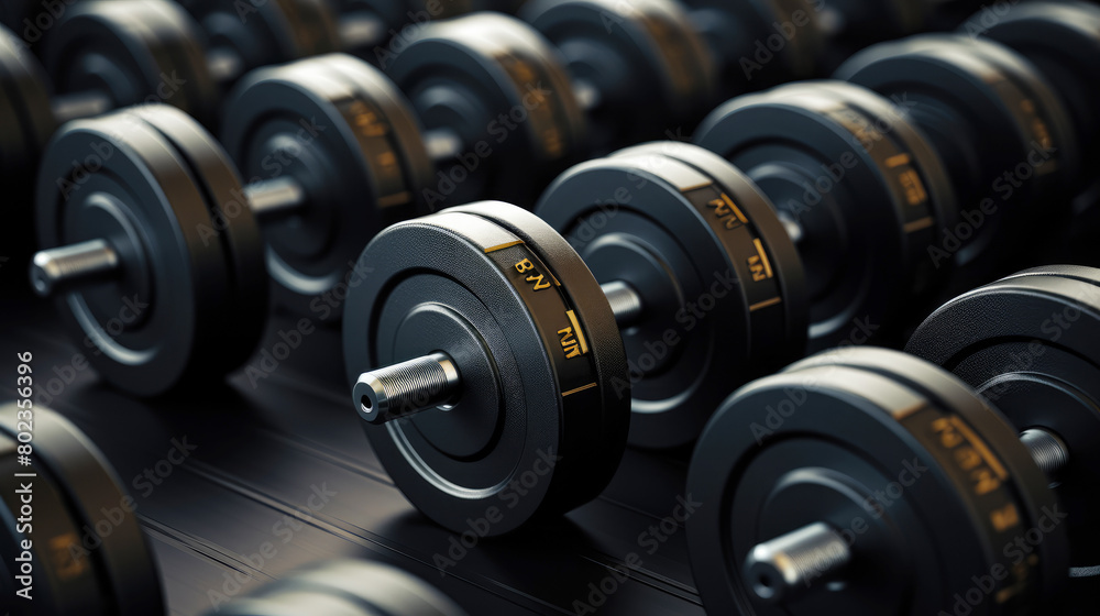 generated Illustration of neat rows of various dumbbells lined up in the gym. generated Illustration of neat rows of various dumbbells lined up in the gym.