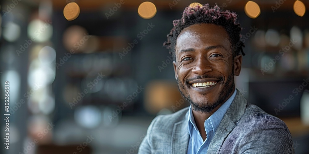 A cheerful young African American businessman smiles confidently in the city, exuding happiness and success.