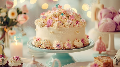 Ethereal White Cake Adorned With Delicate Pink Flowers