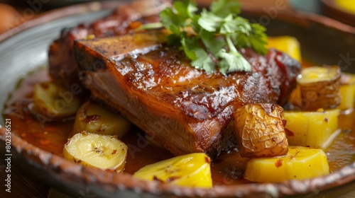 The cuisine of Bolivia. Pork belly "Lechin al horno" with potatoes and fried bananas.