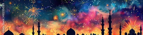 city skyline with minarets and domes outlined against a sky filled with fireworks , symbolizing the celebration of the Islamic New Year photo