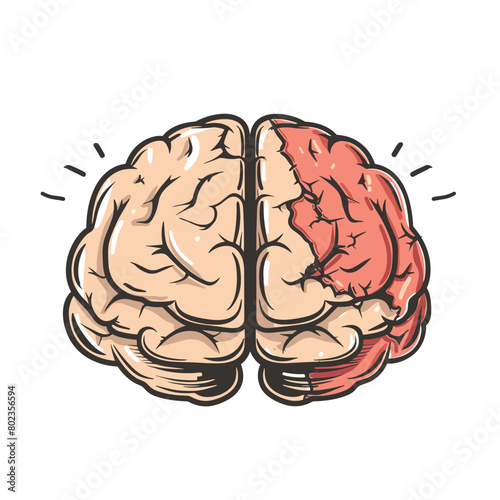 Illustration of a brain with one side damaged and the other side healthy.