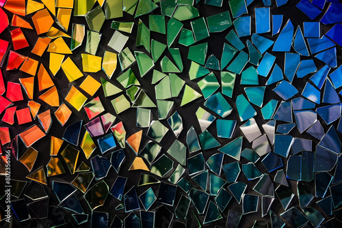 A contemporary background with a sharp angular mosaic made of broken glass pieces in a spectrum of rainbow colors against a black backdrop.