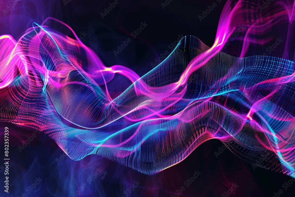 A contemporary background with a dynamic, digital glitch art pattern in vibrant neon colors against a dark, moody backdrop.