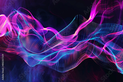 A contemporary background with a dynamic, digital glitch art pattern in vibrant neon colors against a dark, moody backdrop.