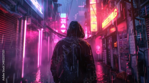 Illustrate a cybernetically enhanced survivor navigating a dark, neon-lit alley filled with futuristic nanotech dangers Show detailed depictions of nano-augmented body modifications glinting under omi