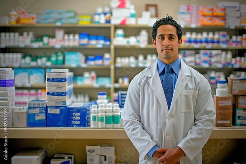 a male pharmacist standing confidently in a well-organized pharmacy full of medicinal products.