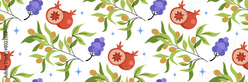 Olive branch, pomegranate and bunch of grapes seamless pattern. Background with fruits and berries. For wallpaper or fabric, packaging, brand, kitchen interior, menu design. Vector flat illustration.